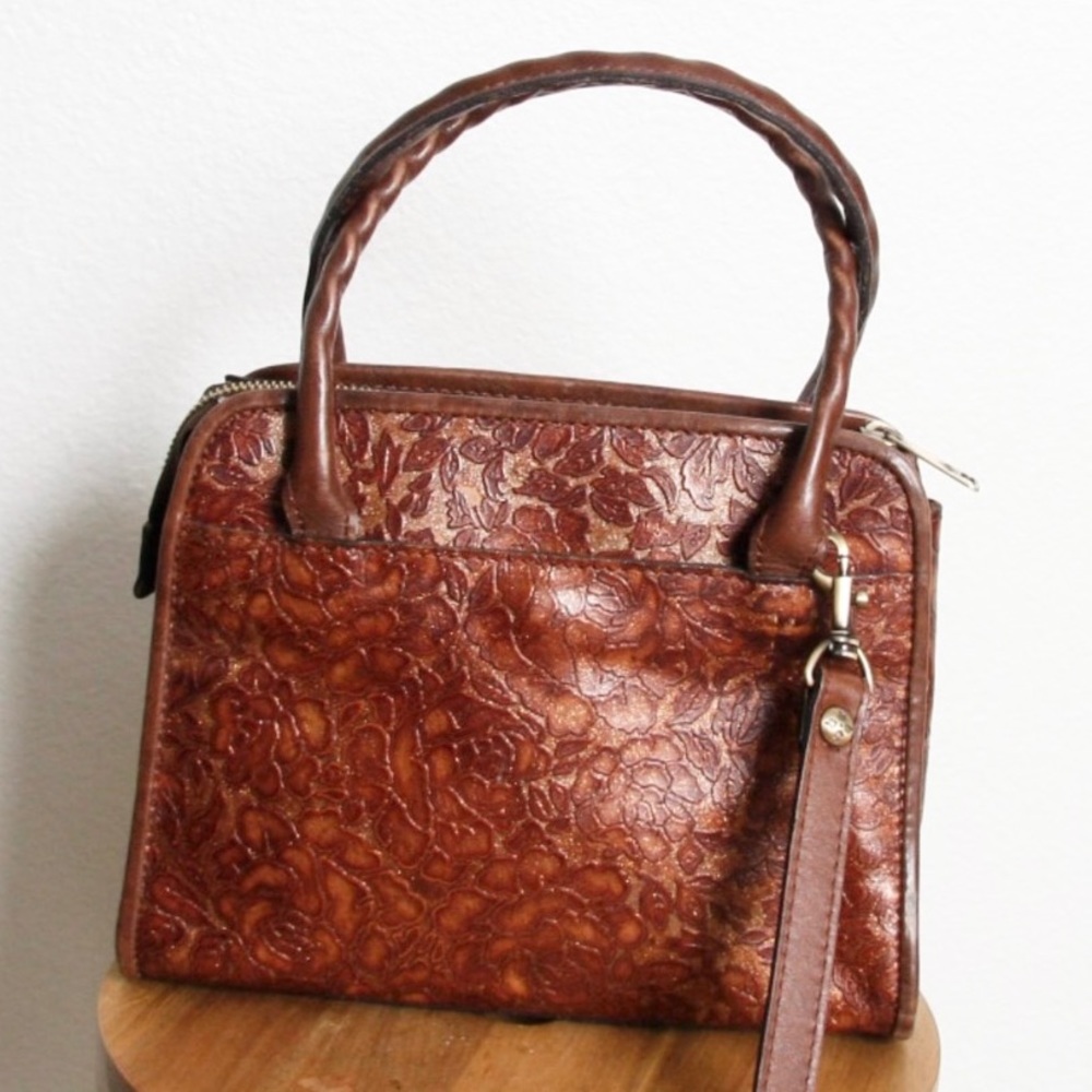 Patricia Nash Tooled Leather Floral Brown Bronze/Gold Satchel Crossbody Bag